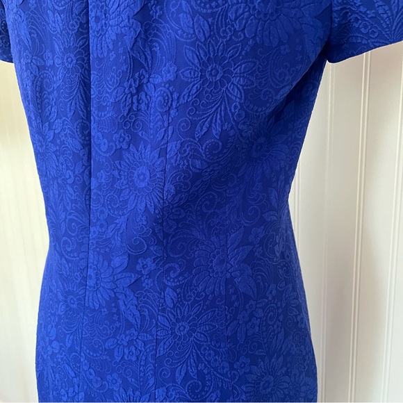Vintage Royal Blue Silk Mini Dress Scoop Neck Floral Brocade Textured Size 10 - Picture 8 of 12